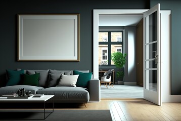 illustration of mock-up wall decor frame is hanging in minimal style , modern contemporary living room