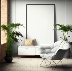illustration of mock-up wall decor frame is hanging in minimal style , modern contemporary living room