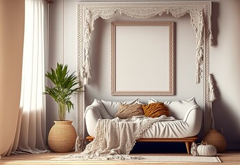 illustration of mock-up wall decor frame is hanging in minimal style, empty frames in living room