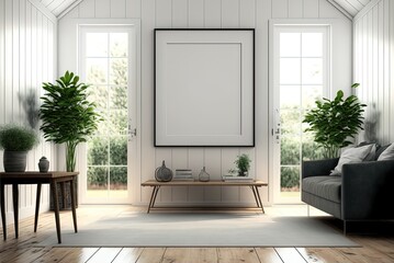 illustration of mock-up wall decor frame is hanging in minimal style , modern contemporary living room
