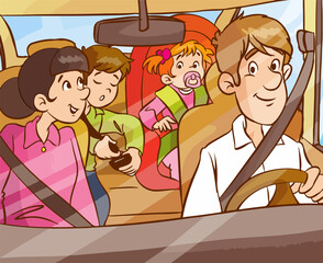 family traveling in car cartoon vector
