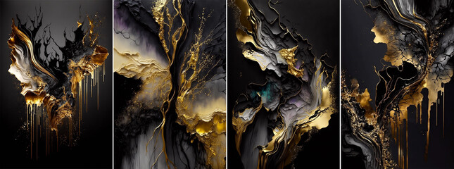 Abstract background, alcohol ink painting, Black tones with golden cracks