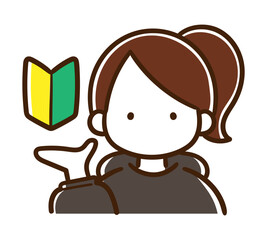 初心者マークを掲げるクールなポニーテールの女の子のシンプルなアイコンイラスト