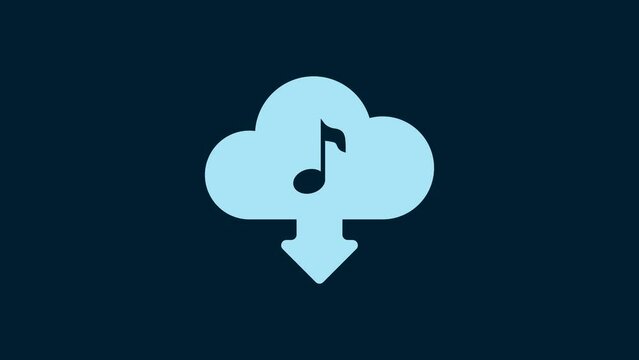 White Cloud download music icon isolated on blue background. Music streaming service, sound cloud computing, online media streaming, audio wave. 4K Video motion graphic animation