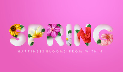 Spring vector design. Spring happiness blooms from within text with flower elements. Vector illustration spring season background. 
