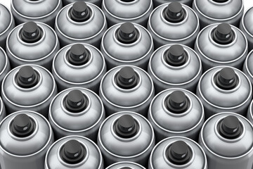 Set of spray paint cans in row on white background. Spray bottle and dispenser - obrazy, fototapety, plakaty
