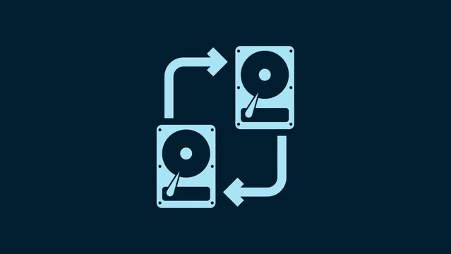White A fixed data storage device hard disk with arrows, data copy icon isolated on blue background. Data exchange with hard disk drive. 4K Video motion graphic animation