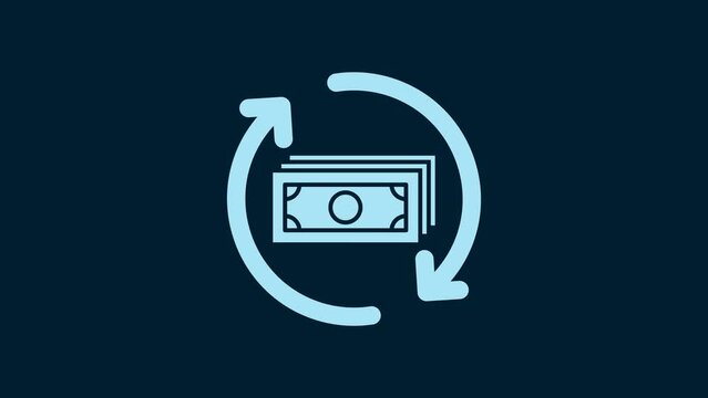 White Refund money icon isolated on blue background. Financial services, cash back concept, money refund, return on investment, savings account. 4K Video motion graphic animation