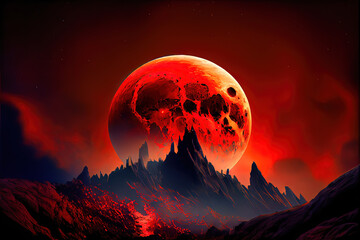 Blood Moon - Crimson red moon in a bright red landscape Desolate natural environment created by Generative AI. 3D shading and digital oil paint look