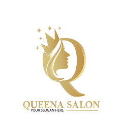 Letter Q Beauty Logo Vector with woman face wearing sparkling crown ,Template
