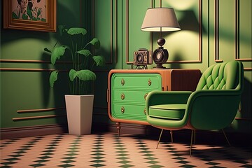 Retro Room interior, green armchair , retro pattern floor, mid century interior, ai generated
