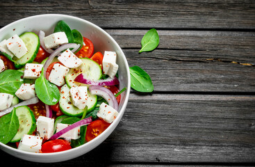 Vegetable salad. Salad with vegetables, cheese and olive oil.