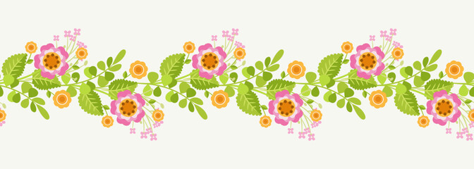 Cute blooming floral border. Beautiful spring horizontal banner, seamless pattern with pink flowers and green leaves. Vector illustration isolated on white background 