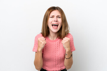 Young English woman isolated on white background frustrated by a bad situation