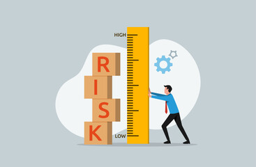 Risk assessment and investigation, analyze potential danger level, businessman measuring risk boxes with ruler symbol - obrazy, fototapety, plakaty