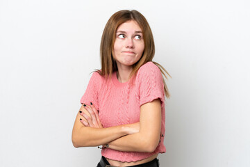 Fototapeta premium Young English woman isolated on white background making doubts gesture while lifting the shoulders
