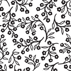 Black White Floral Tree Branch Silhouette Vector Seamless Pattern