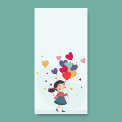 Cute Young Girl Holding A Bunch of Colorful Heart Balloons And Copy Space.