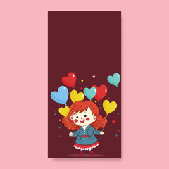 Cheerful Cute Girl Standing With Colorful Heart Shape Balloons On Dark Red Background And Copy Space.