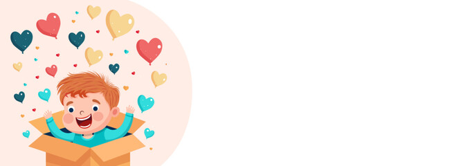 Excited Cute Boy With Heart Balloons Coming Out From Inside Surprise Box And Copy Space. Header Or Banner Design.