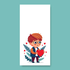 Young Boy Holding Red Heart And Leaves On White Background With Copy Space. Vertical Banner Or Template Design.