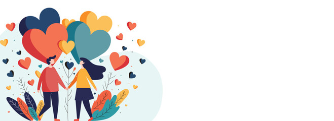 Obraz na płótnie Canvas Vector Young Couple Holding Hands Together With Colorful Hearts, Leaves Decorated Background And Copy Space. Valentine's Day Banner Or Header Design.