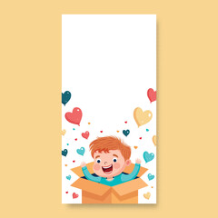 Excited Cute Boy With Heart Balloons Coming Out From Inside Surprise Box And Copy Space. Vertical Banner Or Template Design.