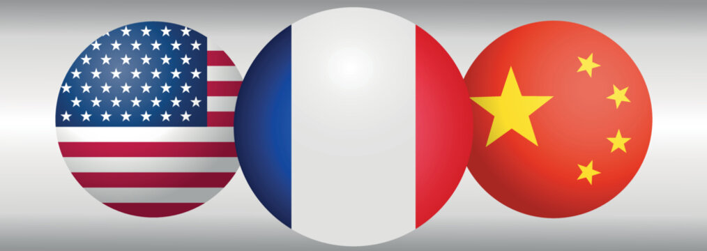 Three round icons with france flag in the center and american, chinese flags on the sides vector. concept of  relations with partners