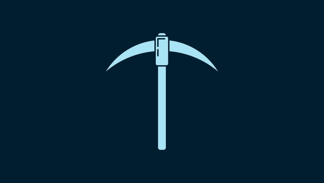White Pickaxe icon isolated on blue background. Blockchain technology, cryptocurrency mining, bitcoin, digital money market, cryptocoin wallet. 4K Video motion graphic animation