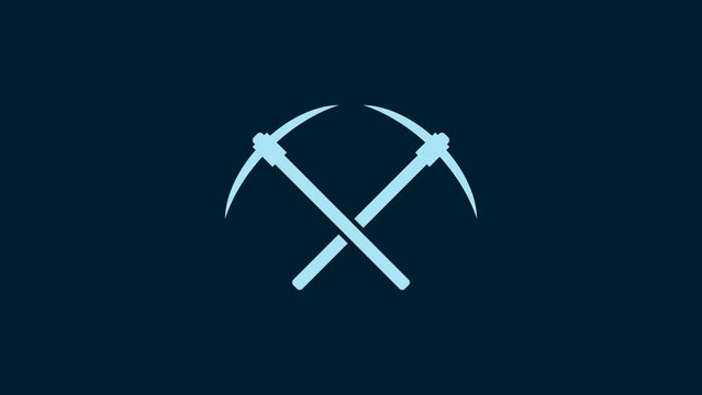 White Crossed pickaxe icon isolated on blue background. Blockchain technology, cryptocurrency mining, bitcoin, altcoins, digital money market. 4K Video motion graphic animation