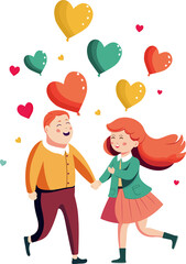 Cheerful Young Boy And Girl Character Holding Hands Together With Colorful Heart Balloons.