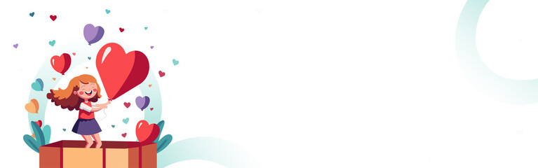 Cheerful Cute Girl With Heart Shape Balloons Coming Out of Surprise Box And Copy Space.