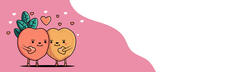 Cartoon Couple Mascot Holding Hearts On Pink Background And Copy Space. Love or Valentine's Day.