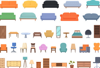 Furniture store icons set cartoon vector. House table. Wood shop