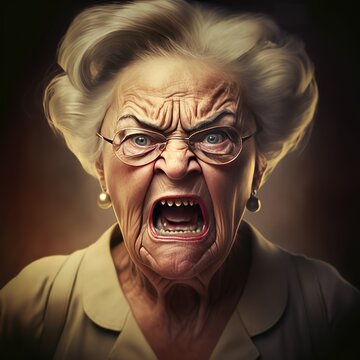 Very angry senior woman. Portrait created with Generative AI.