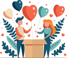 Vector Cartoon Young Couple Standing With Heart Balloons Coming Out Of Box, Leaves.