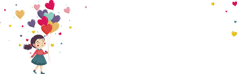 Cute Young Girl Holding A Bunch of Colorful Heart Balloons And Copy Space.