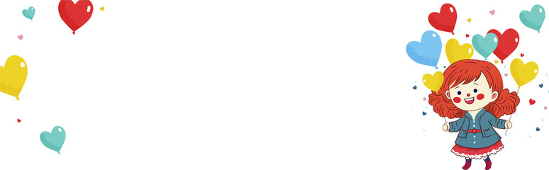 Cheerful Cute Girl Standing With Colorful Heart Shape Balloons And Copy Space.