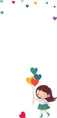 Cute Young Girl Holding Heart Balloons And Colorful Tiny Hearts Decorated Background With Copy Space.