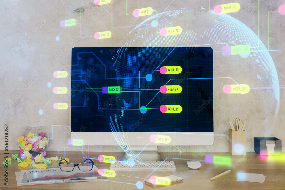 Poster Double exposure of table with computer on background and data theme hologram. Data technology concept.
