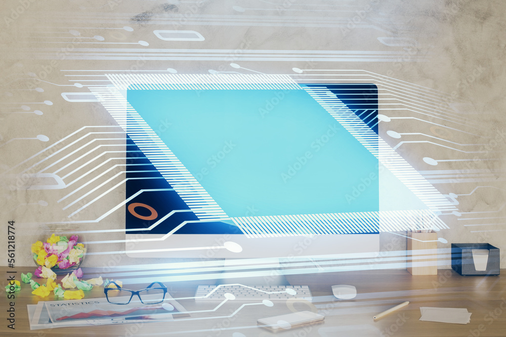 Poster Double exposure of table with computer on background and data theme hologram. Data technology concept.