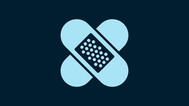 White Crossed bandage plaster icon isolated on blue background. Medical plaster, adhesive bandage, flexible fabric bandage. 4K Video motion graphic animation