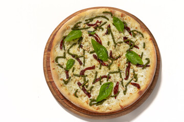 Top view of freshly backed pizza on white background