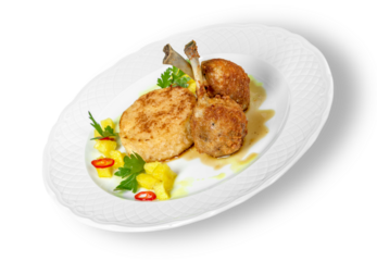 Close-up of tasty grilled meat in white plate isolated on white background