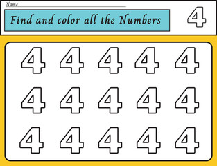 Number four coloring practice worksheet for kids learning to count and write. Vector Illustration.