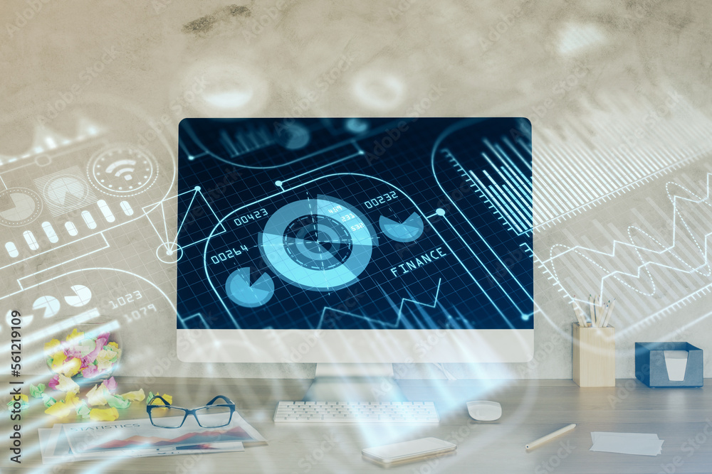 Poster Computer on desktop in office with technology theme hologram. Double exposure. Tech concept.