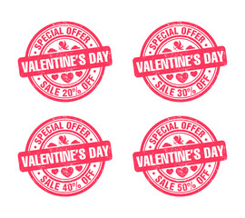 Valentines day sale pink grunge stamp set. Special offer 20, 30, 40, 50 percent off