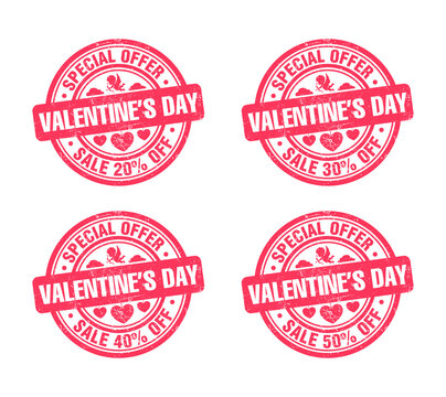 Valentines day sale pink grunge stamp set. Special offer 20, 30, 40, 50 percent off