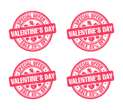 Valentines day sale pink grunge stamp set. Special offer 25, 35, 45, 55 percent off