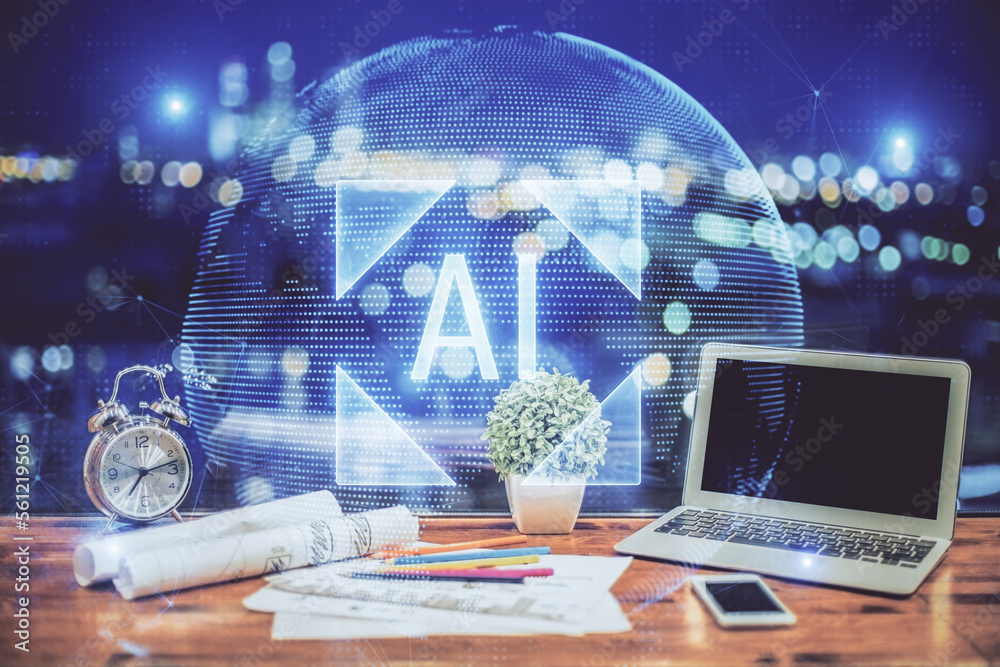 Poster Double exposure of table with computer on background and data theme hologram. Data technology concept.